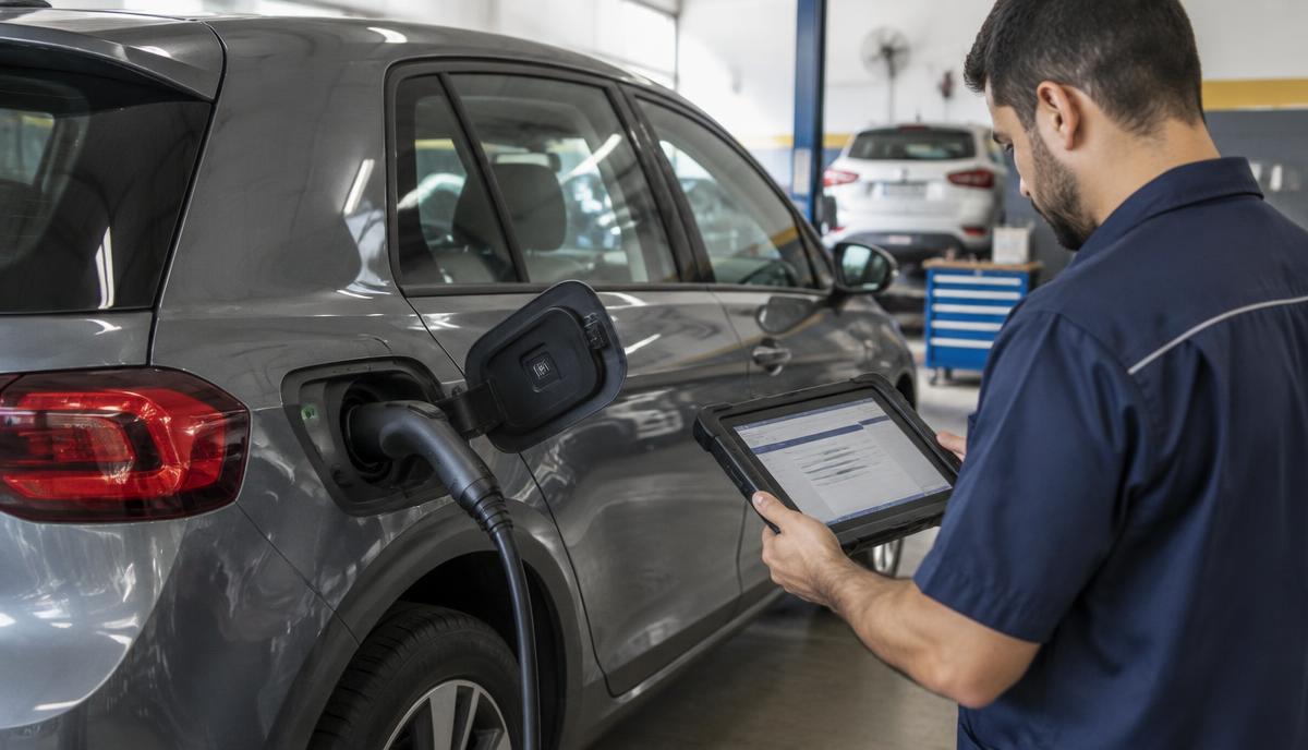 Técnico avaliando a bateria de um carro elétrico usado