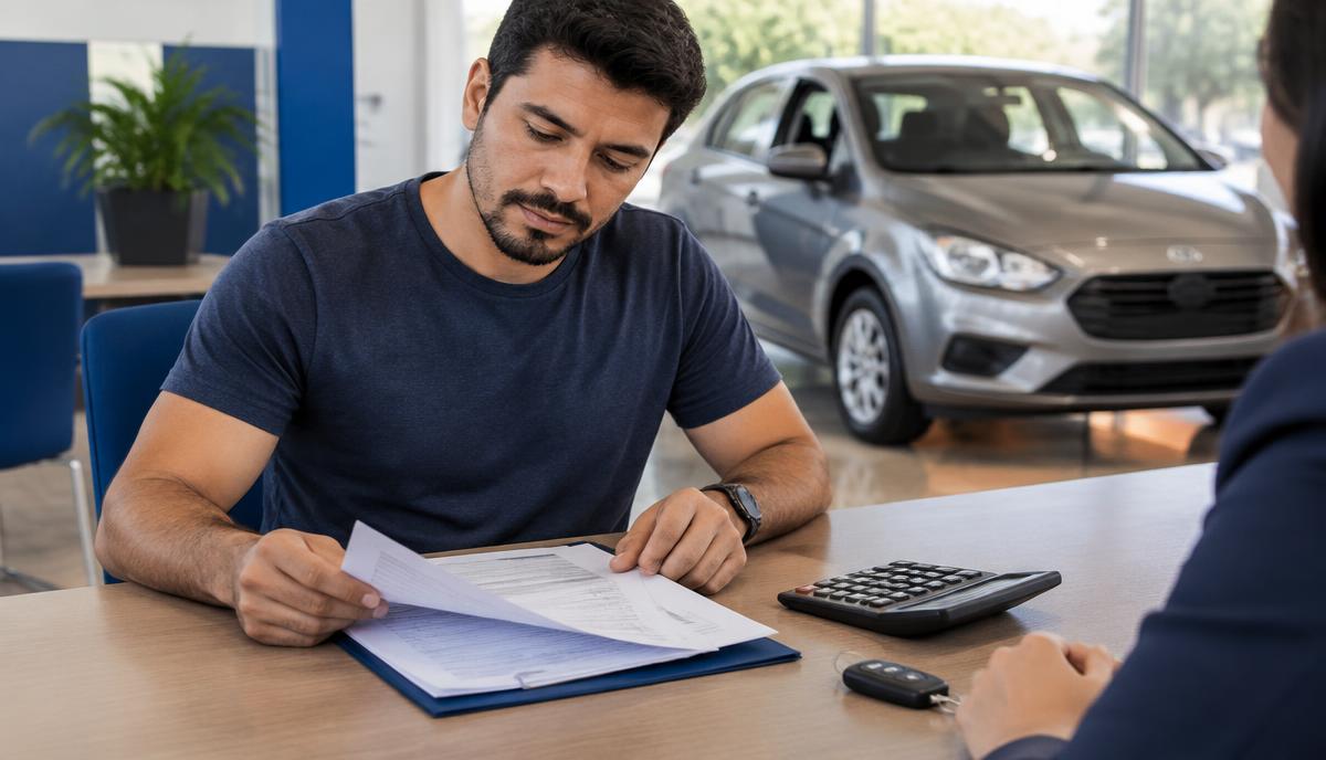 Cliente analisando documentos de financiamento de veículo